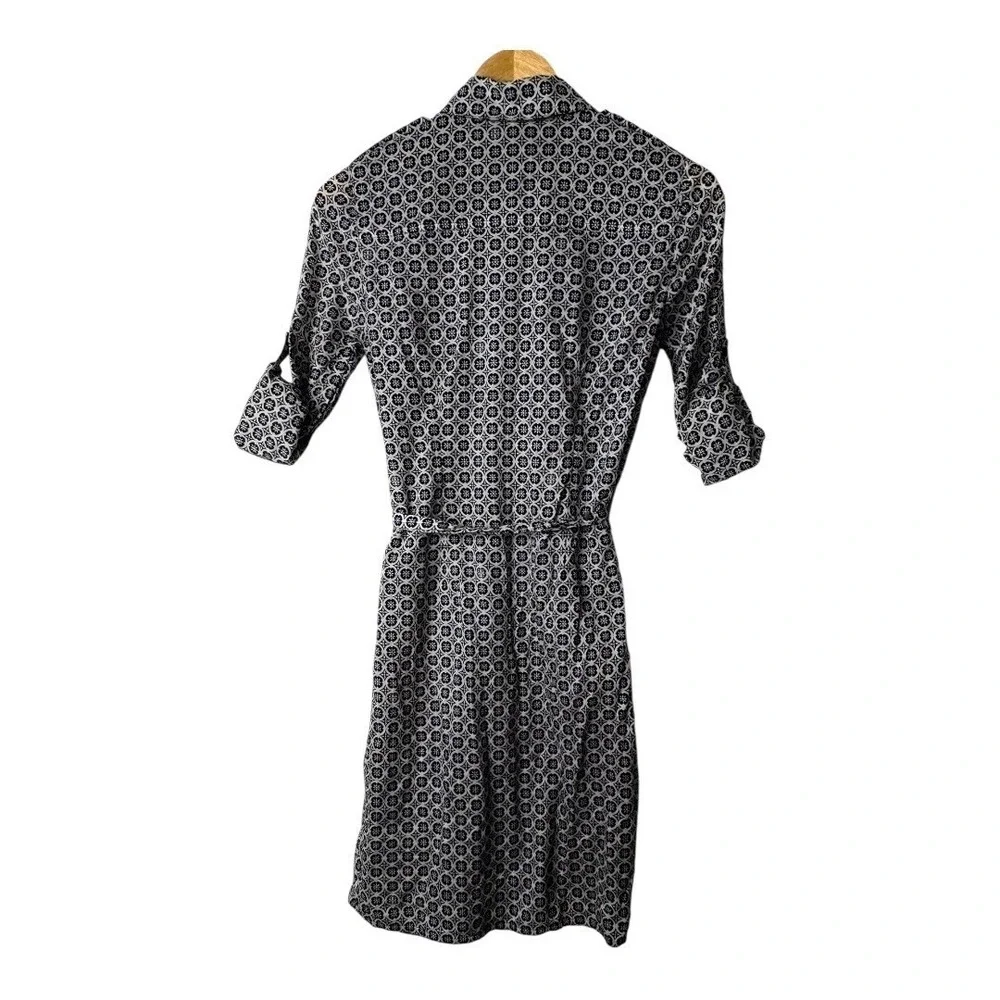 Tory Burch Cotton Shirt Dress Size 2 Geometric Print Roll Tab Sleeve Belted Mini
